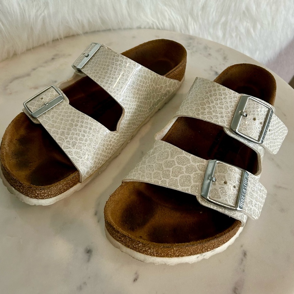 Birkenstock Magic Snake White and Silver Sandals with Silver Buckle